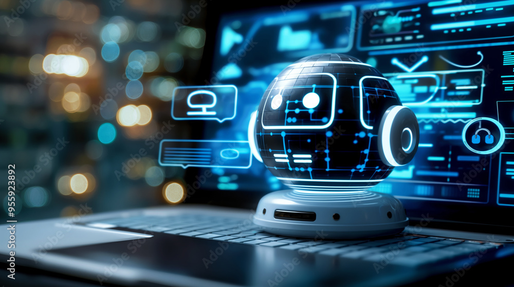 Futuristic AI Chatbot on Laptop with Blurred City Lights Futuristic AI Chatbot on Laptop with Blurred City Lights