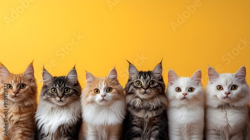 Diverse Collection of Different Cat Breeds Against Delicate Yellow Background