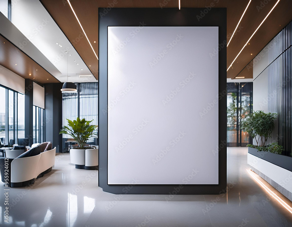 Modern concrete gallery interior with empty white mock up billboard and decorative plant. Exhibition Modern concrete gallery interior with empty white mock up billboard and decorative plant. Exhibition
