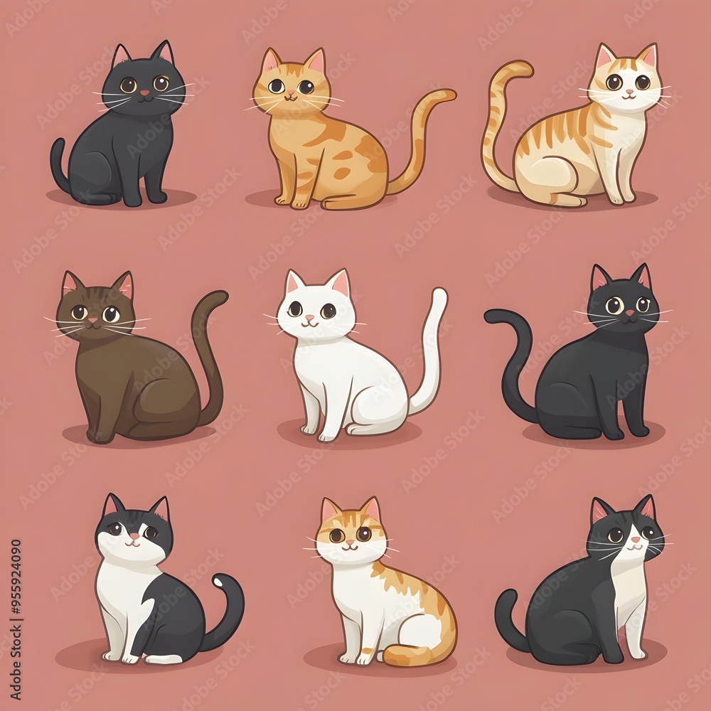Fototapeta premium Vibrant Cartoon Depiction of Diverse Domestic Cat Breeds on Warm Toned Background