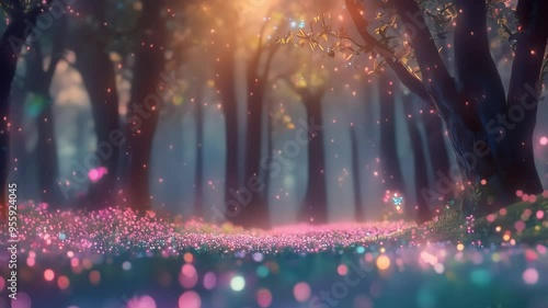Enchanting Forest with Glowing Fireflies and Colorful Bokeh Lights 4K background material for loop playback