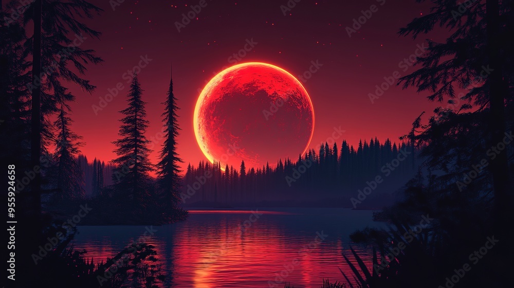 Comic Book Art Illustration of a Huge Moon on the Horizon of a Lake, Surrounded by a Fir Forest with Orange and Red Poisonous Colors. Comic Book Art Illustration of a Huge Moon on the Horizon of a Lake, Surrounded by a Fir Forest with Orange and Red Poisonous Colors.