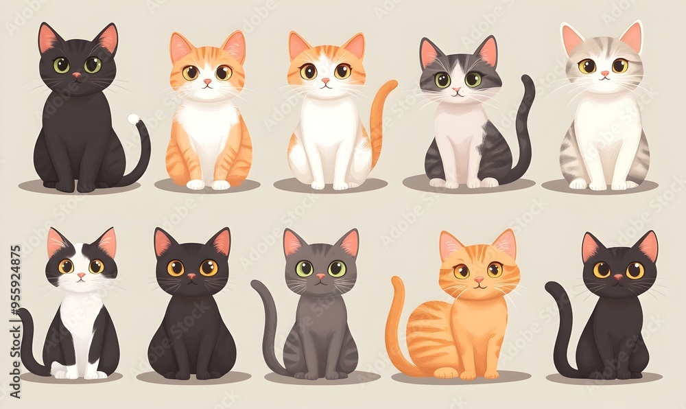 Diverse Cartoon Style Feline Companions in Peaceful Sage Background Diverse Cartoon Style Feline Companions in Peaceful Sage Background