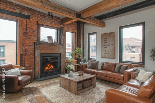 Modern Loft Living Room with Exposed Brick and Fireplace