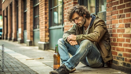 Depressed Man Sitting Alone with a Beer Bottle.