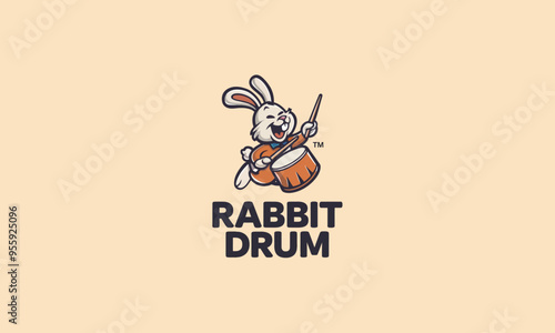 Happy rabbit playing a drum with enthusiasm and joy.