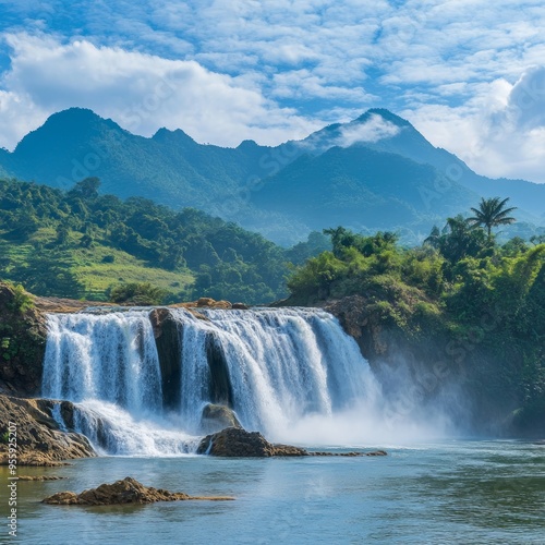 The Dray Nur Waterfall on the Serepok River at the Tay Nguyen (the Central Highlands) in Dak Lak Province (Daklak) of Vietnam. Scenic summer landscape with photo