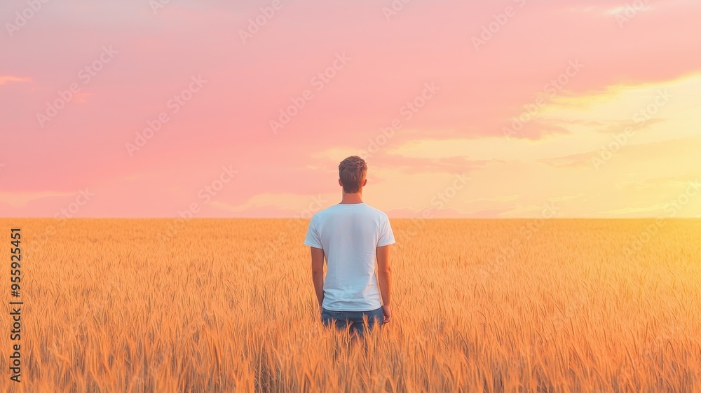A lone figure gazes at a vibrant sunset over a golden wheat field, embodying tranquility and freedom in nature's beauty. A lone figure gazes at a vibrant sunset over a golden wheat field, embodying tranquility and freedom in nature's beauty.