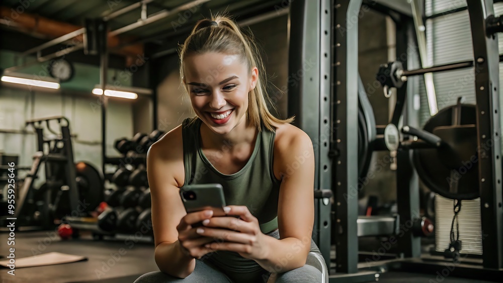 Fototapeta premium Smiling Woman Using Smartphone at the Gym.