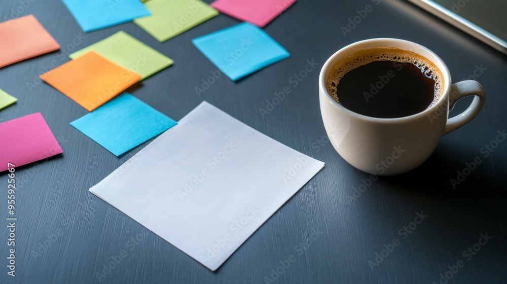 Business Plan Template on Desk with Sticky Notes and Coffee for Productive Planning Session Business Plan Template on Desk with Sticky Notes and Coffee for Productive Planning Session