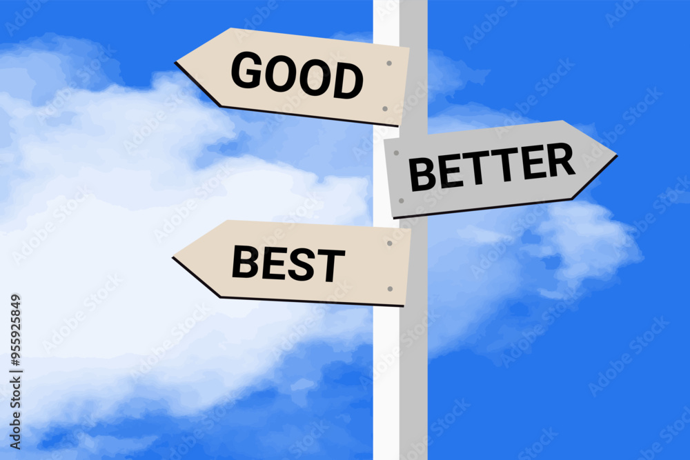 Good, better, best with three arrows, a wooden signpost sky with clouds. Good, better, best with three arrows, a wooden signpost sky with clouds.
