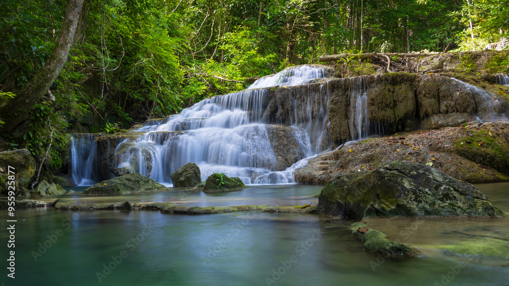 Deep forest waterfall in Thailand. Erawan waterfall National Park Kanjanaburi Thailand. Deep forest waterfall in Thailand. Erawan waterfall National Park Kanjanaburi Thailand.
