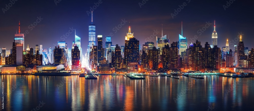 Panoramic night view of the New York skyline with neon-lit skyscrapers and reflections in the water, featuring Manhattan island. Panoramic night view of the New York skyline with neon-lit skyscrapers and reflections in the water, featuring Manhattan island.