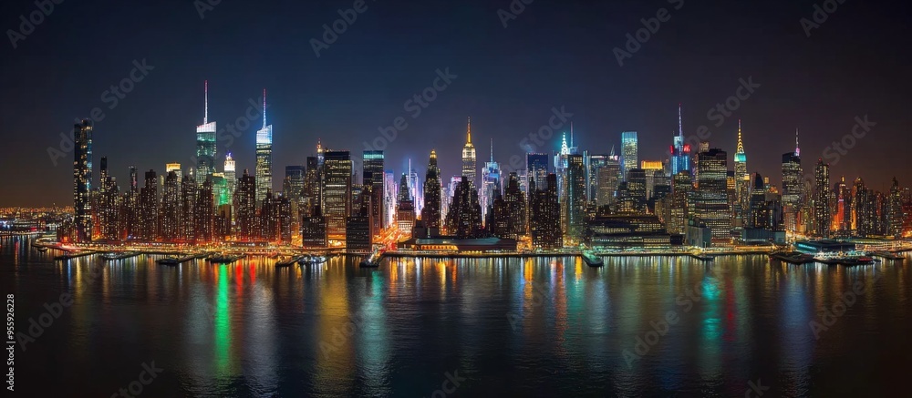 Panoramic night view of the New York skyline with neon-lit skyscrapers and reflections in the water, featuring Manhattan island. Panoramic night view of the New York skyline with neon-lit skyscrapers and reflections in the water, featuring Manhattan island.