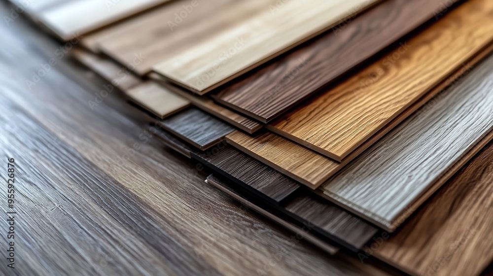 Samples of wood laminate or vinyl flooring, featuring a range of natural colors and parquet patterns. Samples of wood laminate or vinyl flooring, featuring a range of natural colors and parquet patterns.