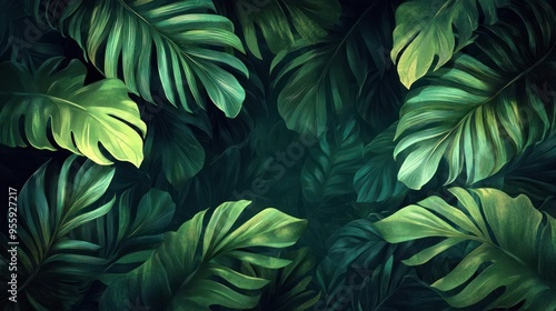 captures a lush, tropical jungle scene with dense foliage and palm fronds,