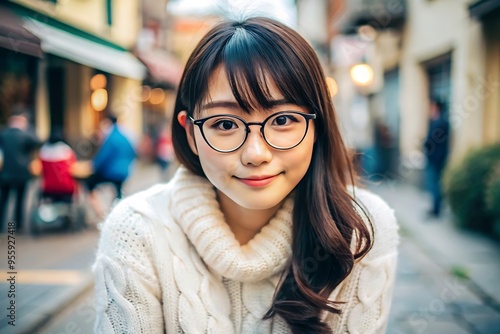 Young woman with glasses smiling in the city.