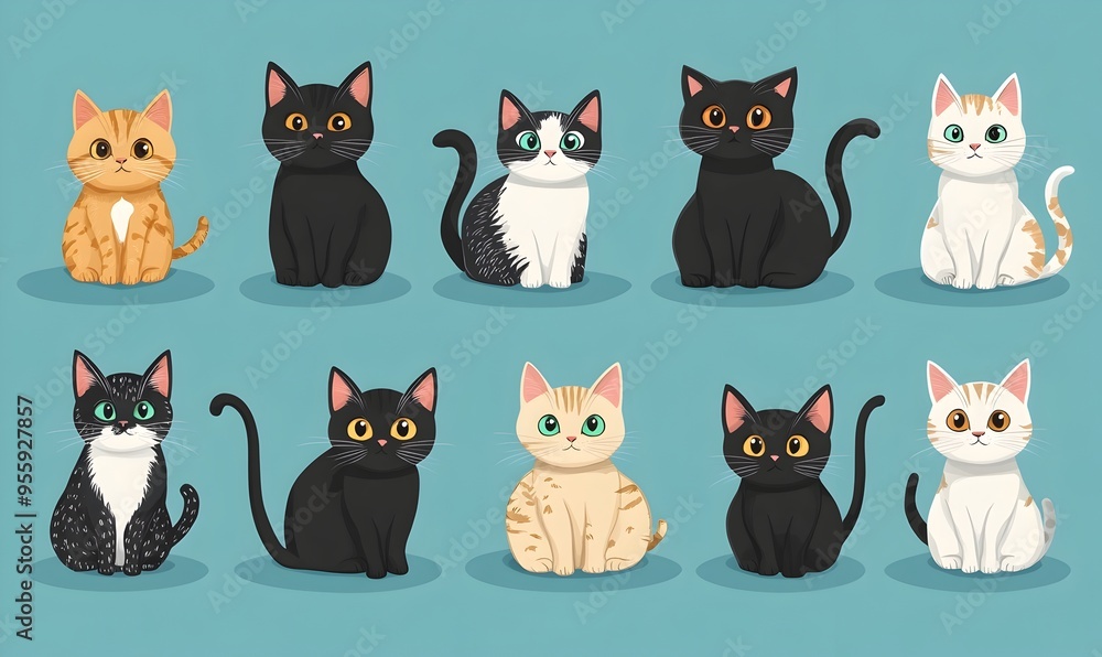 Vibrant Collection of Cartoon Style Domestic Cat Breeds on Baby Blue Background Vibrant Collection of Cartoon Style Domestic Cat Breeds on Baby Blue Background