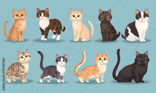 Charming Collection of Cartoon Style Feline Portraits in Pastel Blue Background