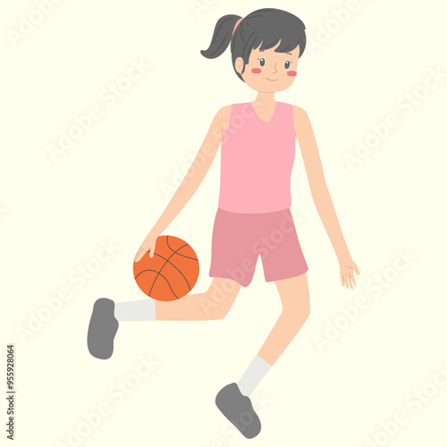 Vector illustration of a Girl playing basketball with happy face