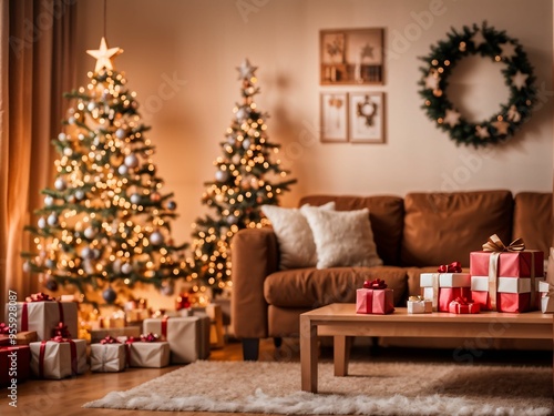 Beautiful blurred interior of a living room for Christmas in warm cozy brown tones. Christmas tree, lights and gifts.