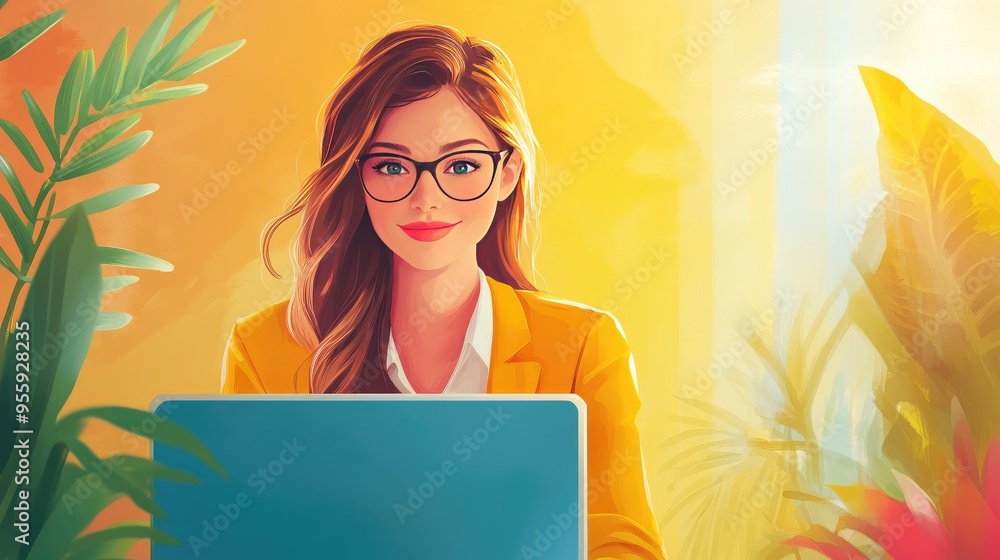 Smiling Woman in Glasses Working on Laptop in Bright Home Office with Plants Smiling Woman in Glasses Working on Laptop in Bright Home Office with Plants