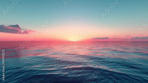 The serene image captures a beautiful sunset casting warm hues over an expanse of calm waters,