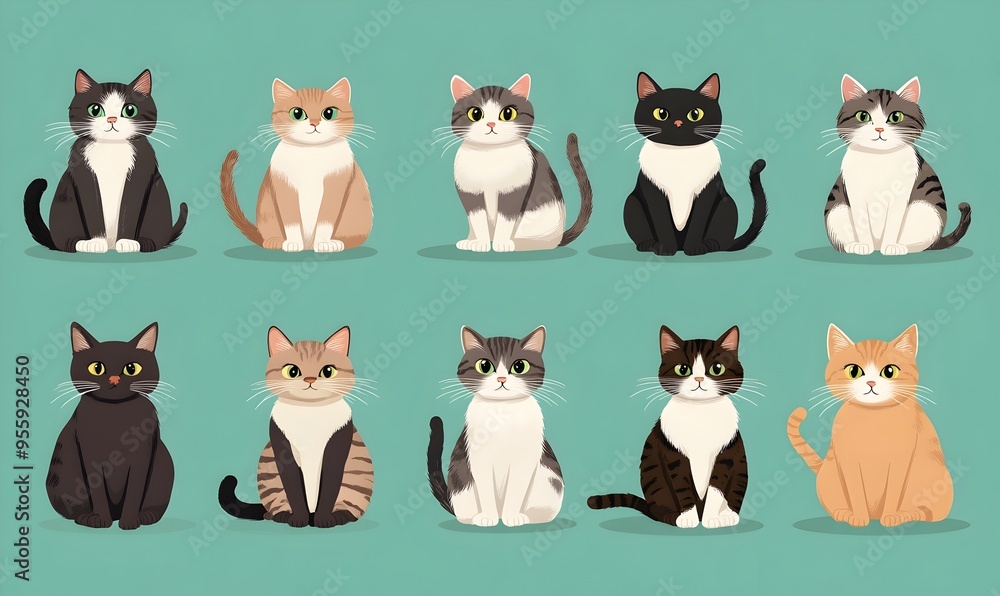 Cartoon style Portraits of Various Worldwide Cat Breeds on Muted Turquoise Background Cartoon style Portraits of Various Worldwide Cat Breeds on Muted Turquoise Background