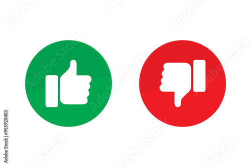 Like and dislike hand symbols set in green and red circles flat vector icons. Rating and feedback thumbs up and thumbs down icon set isolated on white background. Do and Don't symbols.