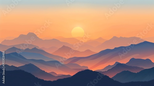 Wallpaper Mural Sunrise over rugged mountains, warm hues, tranquil morning, flat design illustration Torontodigital.ca