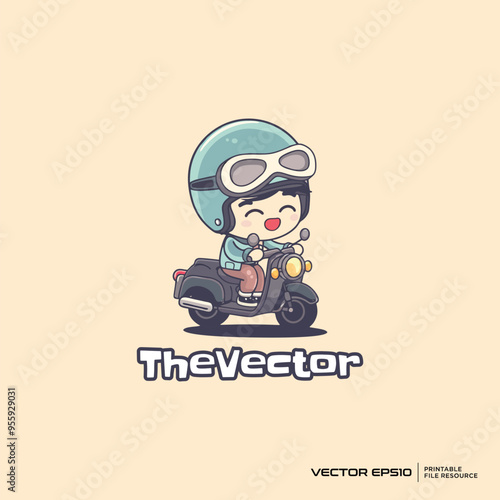 Cute boy riding scooter logo, vector, mascot, character, cartoon, illustration, eps10