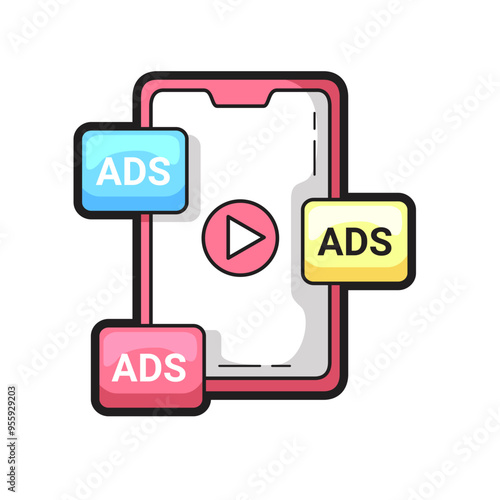Smartphone showcasing a play button amidst advertisements. Ideal for marketing, digital media, online content, advertising, video streaming concepts