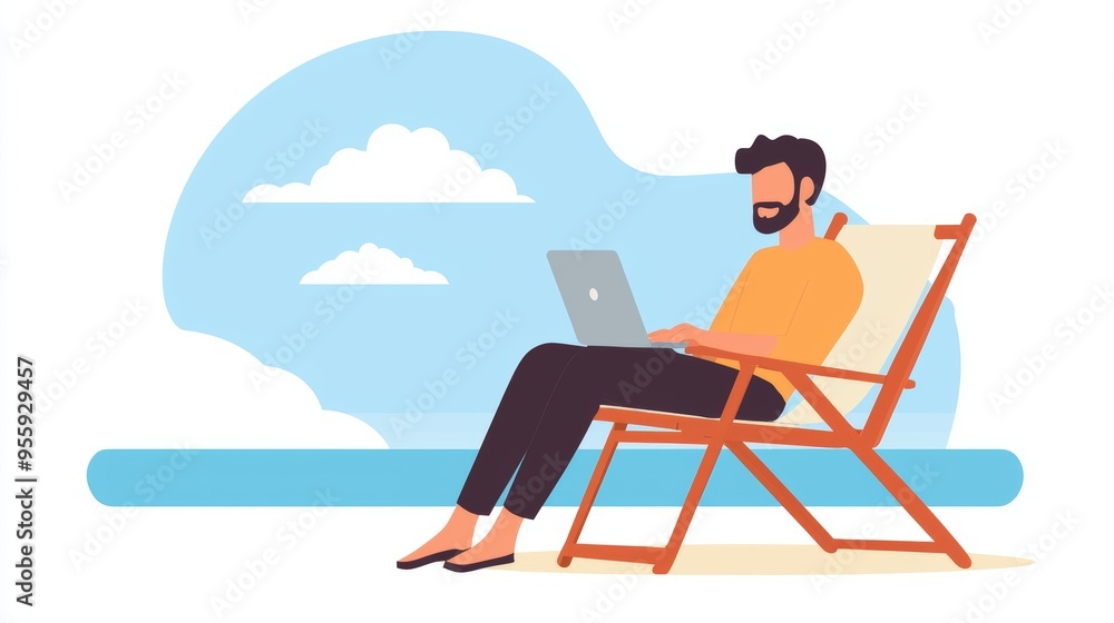 Serene Workcation - Remote Worker Balancing Work and Relaxation on Beachside Lounge Chair with Ocean View Serene Workcation - Remote Worker Balancing Work and Relaxation on Beachside Lounge Chair with Ocean View