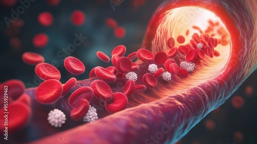 illustration of red blood cells and white blood cells flowing through a vein, showcasing cellular activity in the human circulatory system. photo