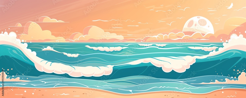 Ocean waves crashing, coastal harmony, sunny beach, flat design illustration Ocean waves crashing, coastal harmony, sunny beach, flat design illustration