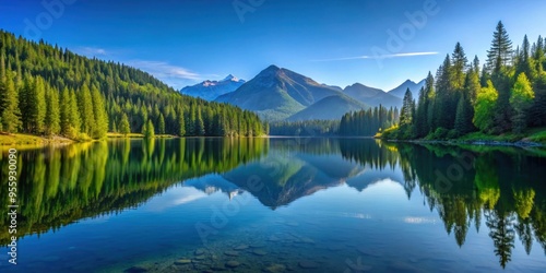 A breathtaking view of a serene mountain lake reflecting the surrounding forest and clear blue sky , Nature, landscape