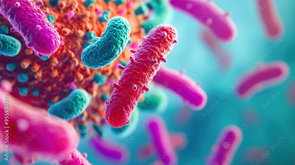 Vibrant close-up of bacteria with colorful structures, showcasing the complexity of microbial life in a scientific context. Vibrant close-up of bacteria with colorful structures, showcasing the complexity of microbial life in a scientific context.