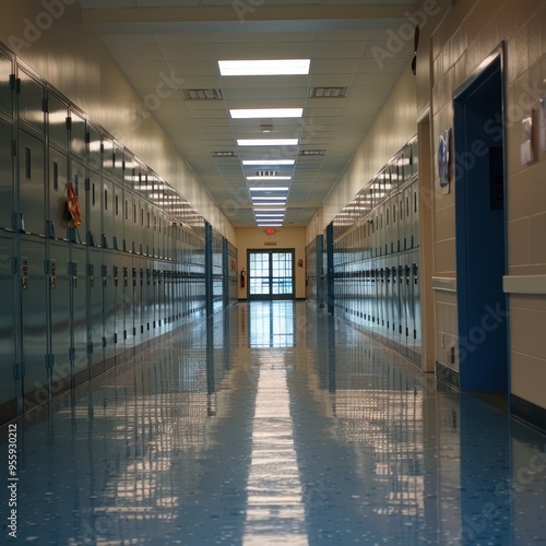 Empty School Hallway with Metal Lockers and Shiny Floor