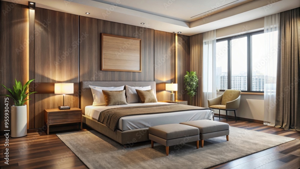 Modern hotel bedroom interior with bed and poster frame on wall, hotel, bedroom, interior, modern, bed Modern hotel bedroom interior with bed and poster frame on wall, hotel, bedroom, interior, modern, bed