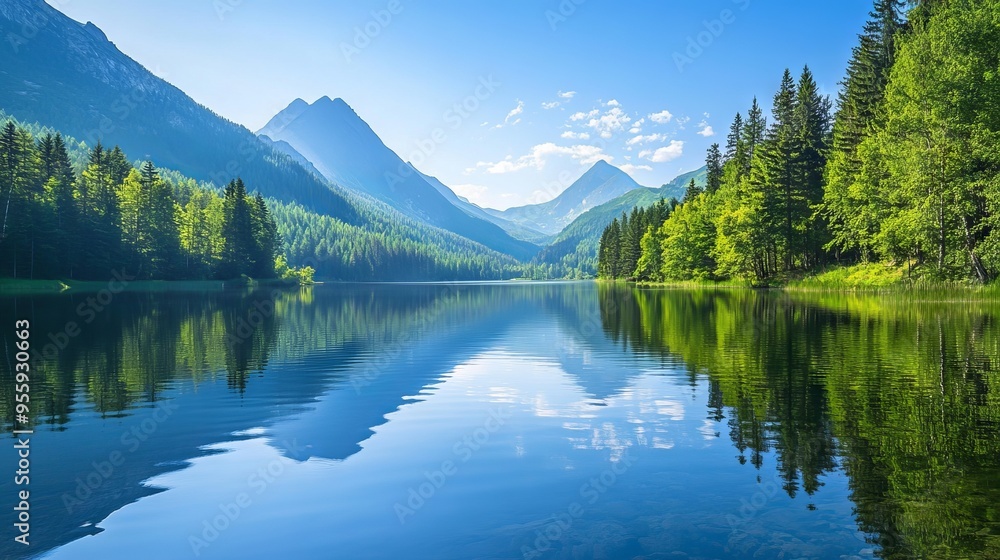 A calm lake surrounded by green trees and mountains A calm lake surrounded by green trees and mountains