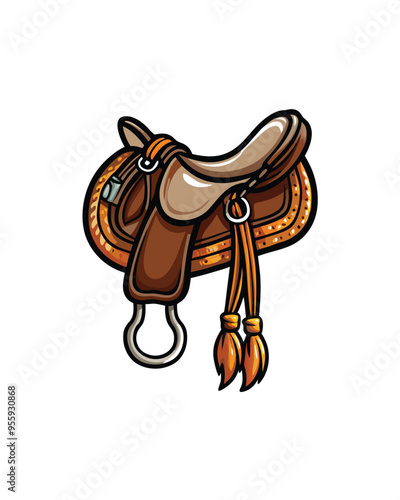 Editable vector illustration of a brown horse saddle with orange tassels and a silver stirrup.