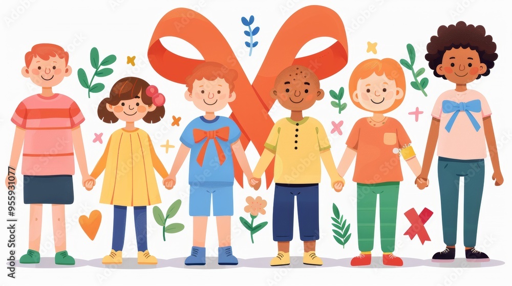 Bright Future: Diverse Group of Children Supporting Cancer Awareness with Colorful Ribbons Bright Future: Diverse Group of Children Supporting Cancer Awareness with Colorful Ribbons