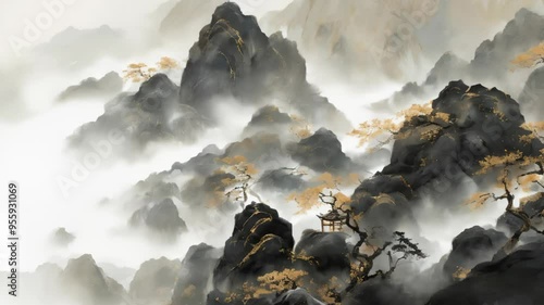 Traditional Chinese Landscape Painting with Golden Trees and Misty Mountains