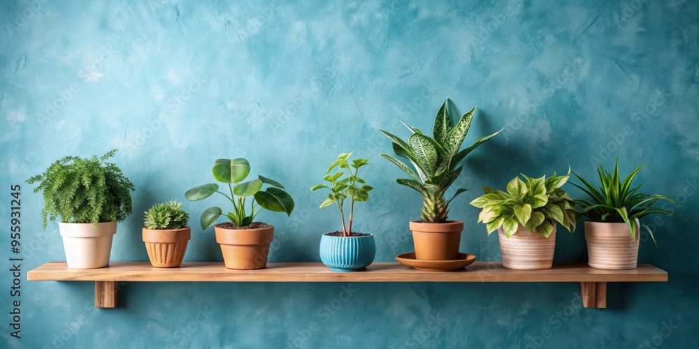 Houseplants in pots on a wooden shelf against a gradient blue wall backdrop, botanical, elegance Houseplants in pots on a wooden shelf against a gradient blue wall backdrop, botanical, elegance