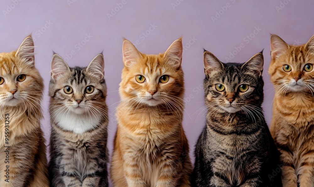 Diverse Collection of Various Worldwide Cat Breeds in Lavender Studio Portrait Diverse Collection of Various Worldwide Cat Breeds in Lavender Studio Portrait