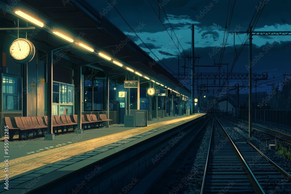 Quiet train station at night with warm lights reflecting off the polished floors. Cozy vibe, Generative AI Quiet train station at night with warm lights reflecting off the polished floors. Cozy vibe, Generative AI
