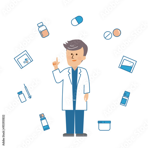 薬剤師と色々な薬　かわいいイラスト素材