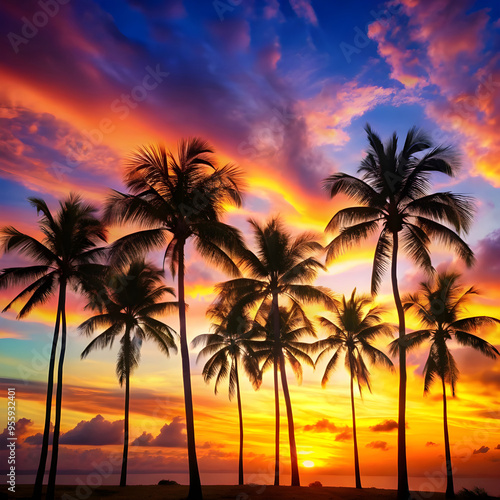 silhouette of palm trees with colorful sky