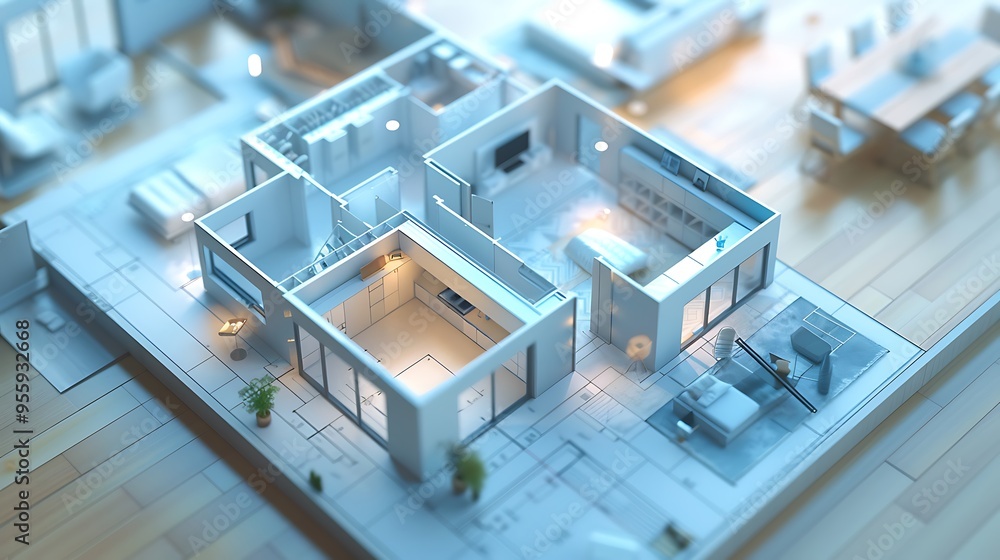3D concept of a house floor plan, with a focus on blue architecture, showcasing modern design elements. AI generated. 3D concept of a house floor plan, with a focus on blue architecture, showcasing modern design elements. AI generated.
