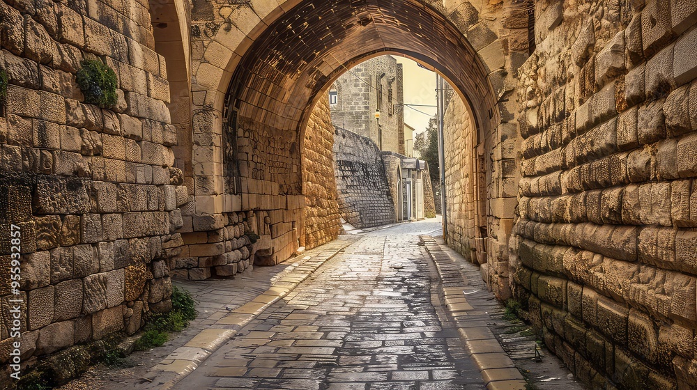 Fototapeta premium A narrow stone pathway leads through a stone archway in a medieval city.
